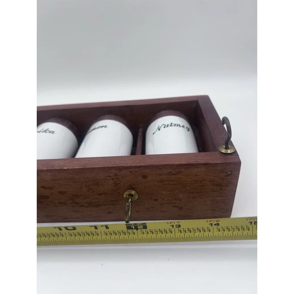 Vintage MCM Danish Modern‎ Wood and Porcelain Spice Rack
